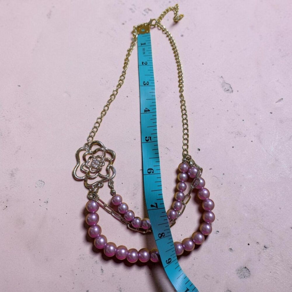 Silver Tone Pink Faux Pearl Layered Flower Statement Necklace, Floral Pendant - Picture 6 of 6